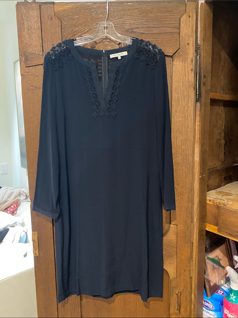Gerard Darel Navy Dress with Floral Lace Trim